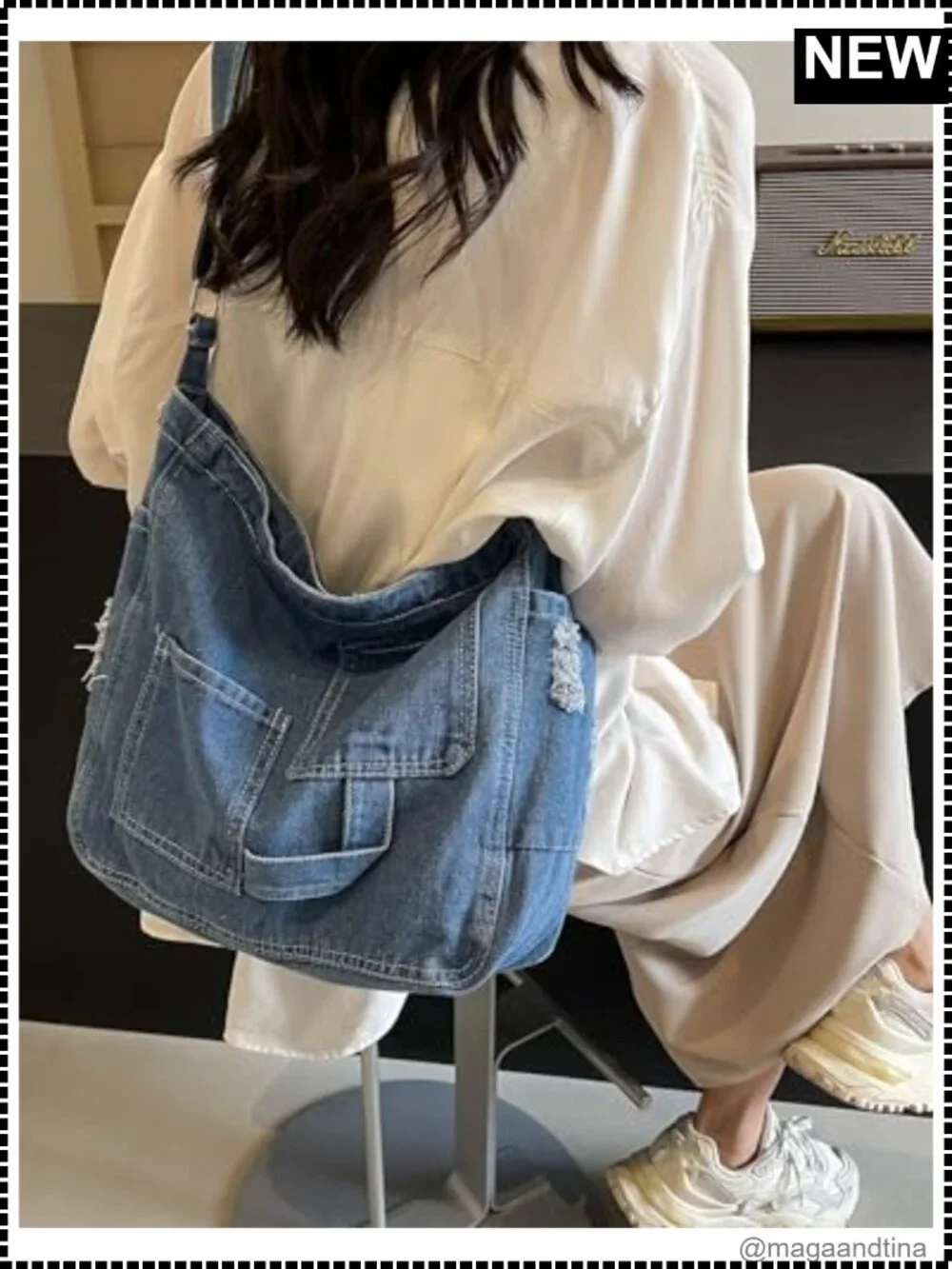 Denim Hobo Crossbody Bag Multi Pocket Adjustable Strap Casual Tote Purse